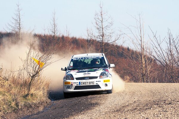 Un auto sportiva straniera corre lungo la strada steppa