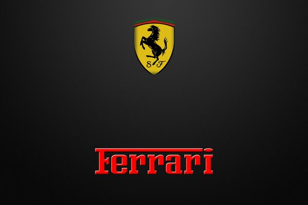 Logo und Schriftzug der italienischen Automarke Ferrari auf dunklem Hintergrund