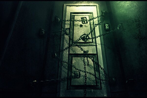 A door closed with chains on a dark green background from a computer game