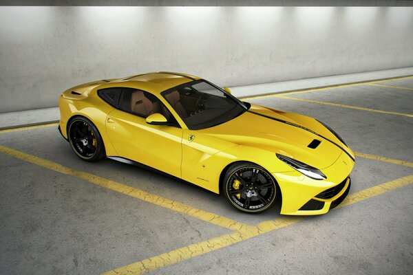 Supercar jaune dans un parking fermé