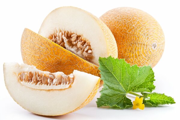 Melone su sfondo bianco, fette di melone con foglia