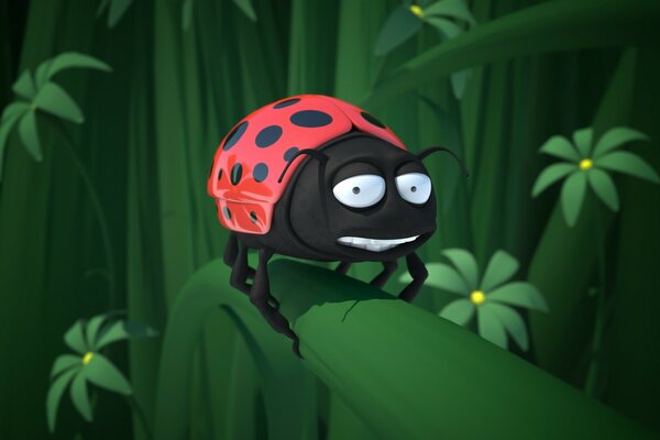 Cartoon ladybug on the leaves