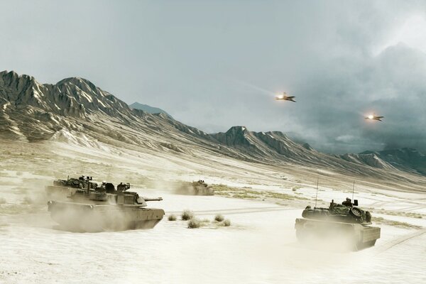 Captura de pantalla de tanques y aviones voladores en el desierto