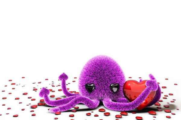 Purple octopus hugs a heart