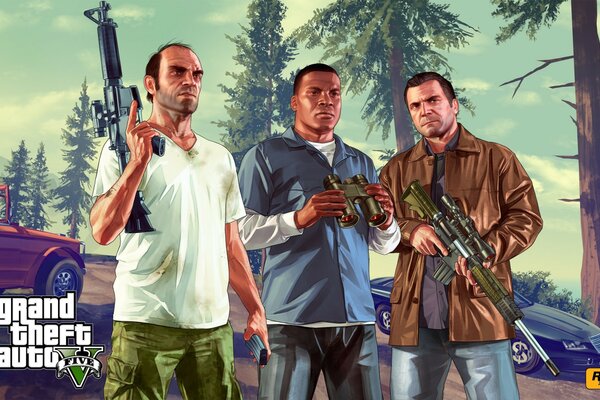 Art na podstawie gry GTA-trzy uzbrojone postacie