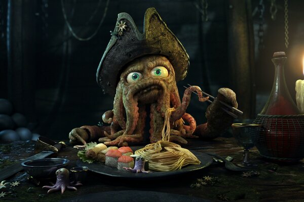 Netter Captain davy jones isst meeresfrüchte zu Abend