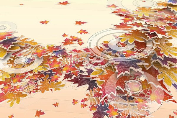 Colorful autumn leaves and transparent drops on them