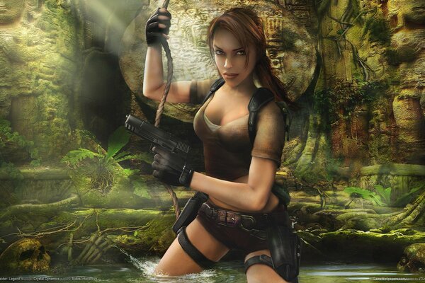 Lara Croft in den Ruinen eines Mädchens mit einer Pistole, einem Schädel