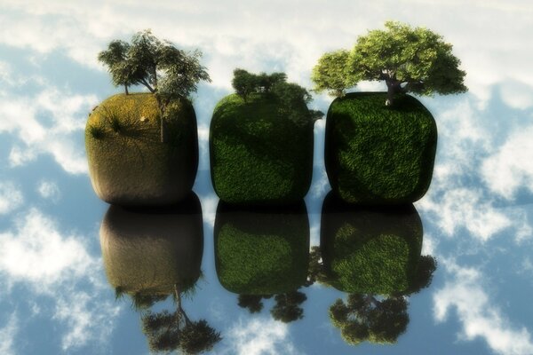 Green cubes with trees against the sky