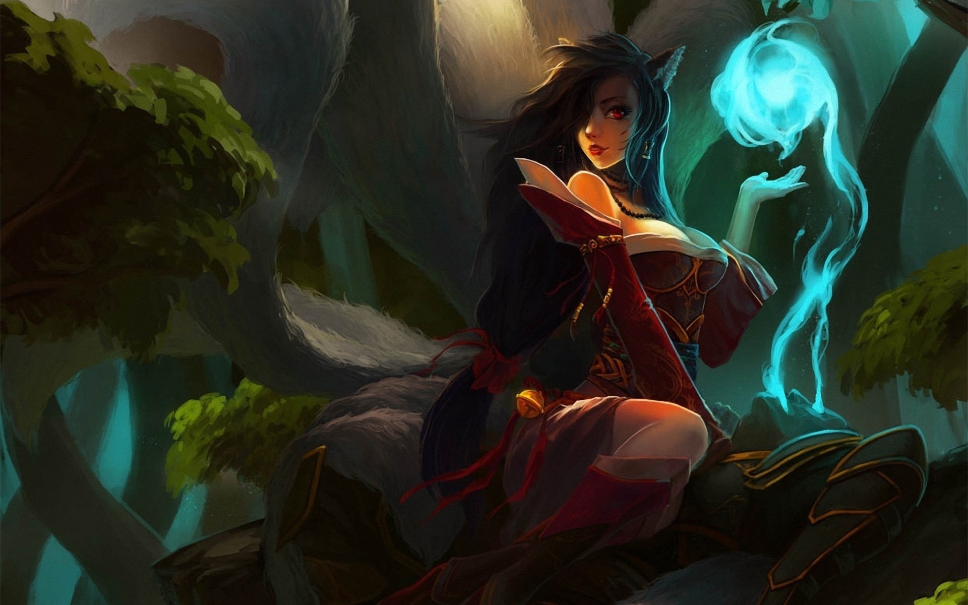 art ligue des légendes fille queues de cheval épis lol ahri magie