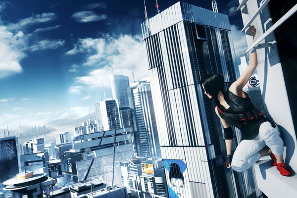 A girl is sitting on a skyscraper with a view of the clouds