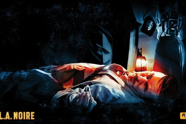 Poster for the game L. A. Noire from the game company Rockstar Games with a lying corpse