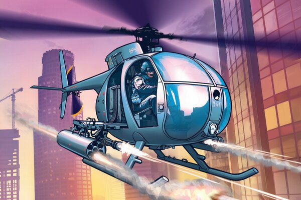 Art basé sur le jeu GTA - hélicoptère de tir sur fond de gratte-ciel