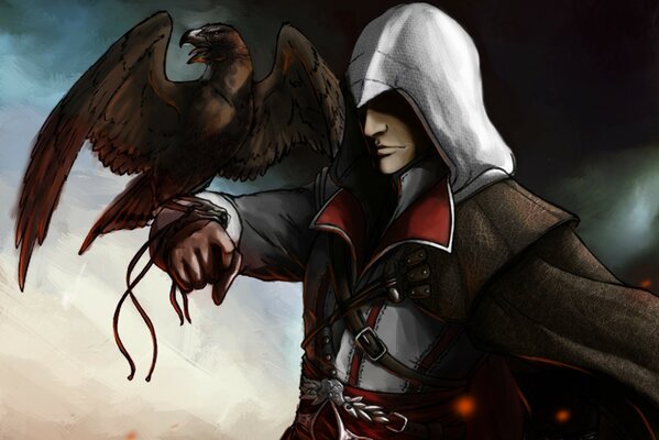 Assassins creed. An assassin warrior with a bird on his arm