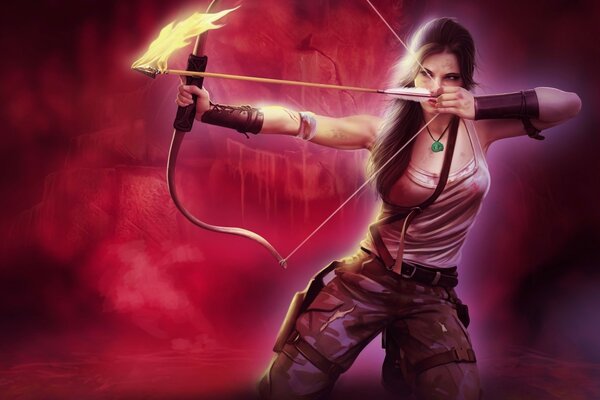 Lara Croft with a bow and a burning arrow