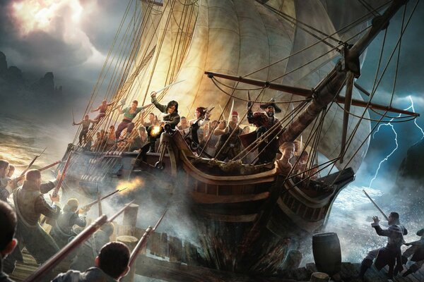 Hay una batalla con los piratas por los objetos de valor en el barco