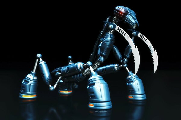Mantis Roboter aus Metall auf schwarzem Hintergrund