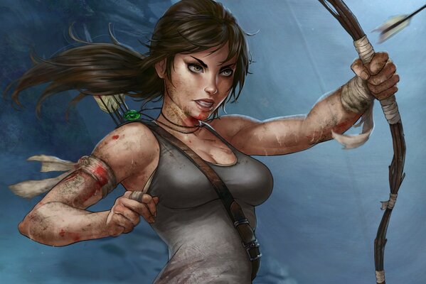 Lara Croft avec un arc sur fond bleu foncé