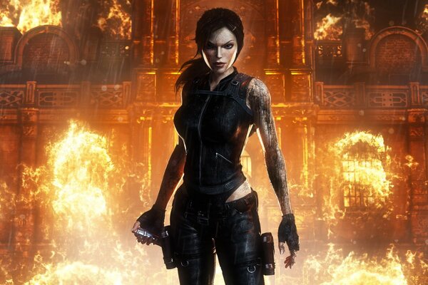 Gioco tomb raider underworld. Lara Croft sullo sfondo del fuoco