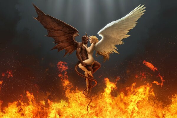 Angel and devil embrace in fire