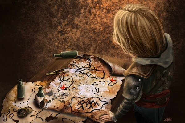 The drawn child stands in front of the map