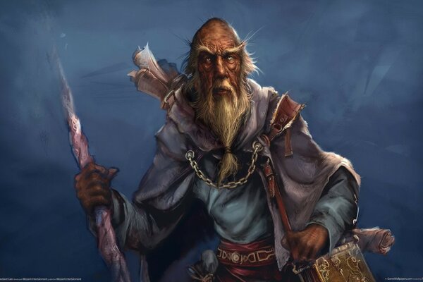 Vieux druide avec une barbe et un bâton
