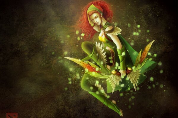 A red-haired girl from Dota is flying in the air