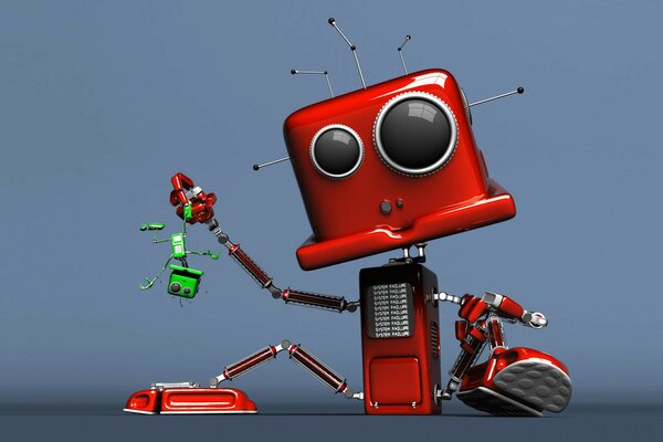 The big red robot holds the little green upside down