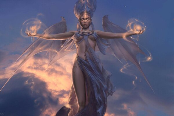 Магическая девушка с крыльями и со светящимися шарами на ладонях