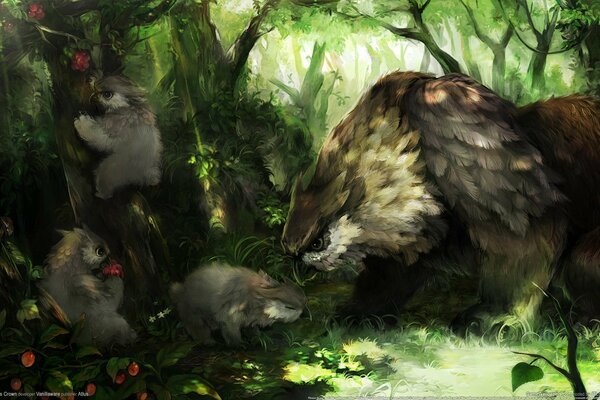 A family of griffins in the green forest