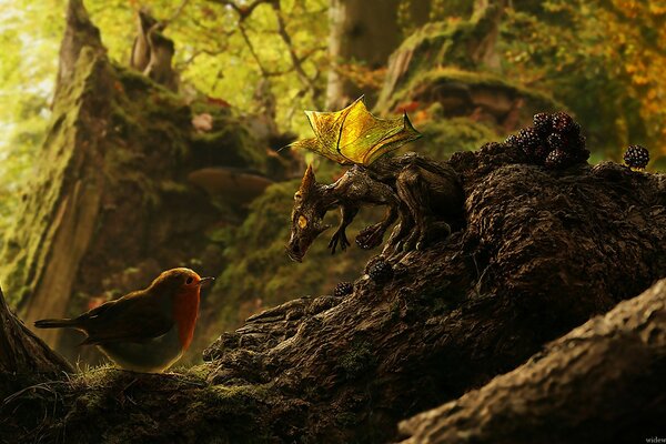 Ein Vogel und ein kleiner Drache trafen sich im Wald