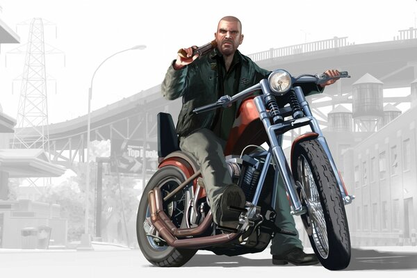 Homme avec une arme sur une moto. jeu gta