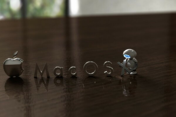 Un petit robot expose une inscription des lettres MacOS sur la table