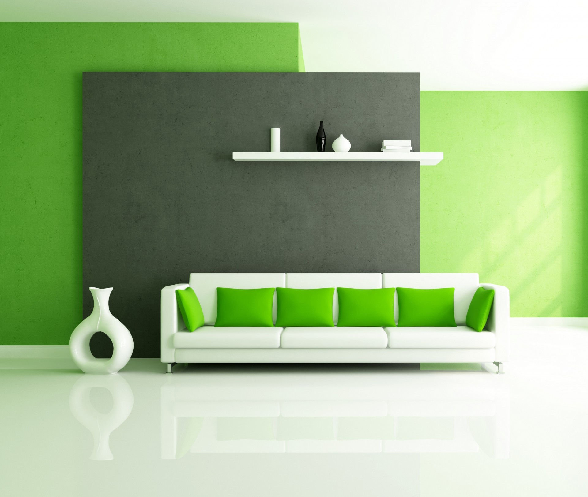 design divano stile cuscini salone verde bianco