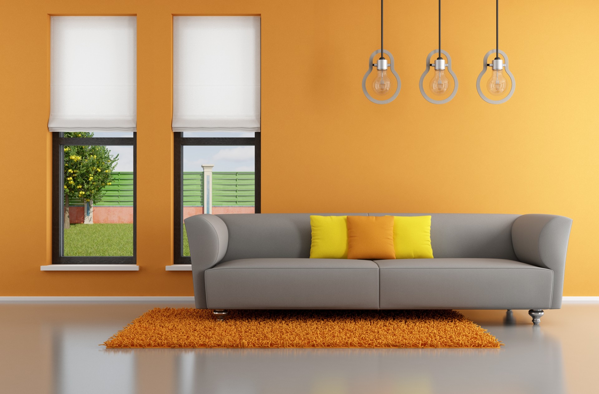 diseño elegante naranja sala de estar ventana minimalista cojines sofá salón