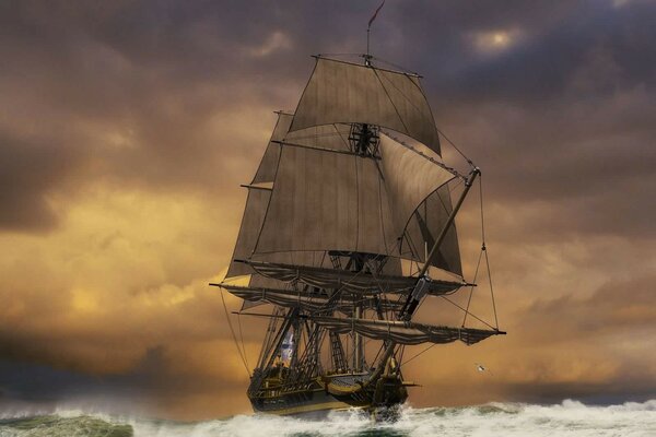 A ship with sails sails in a storm at sea
