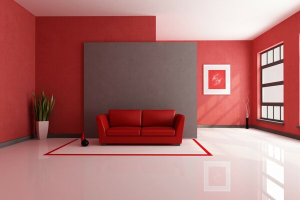 A red room with a white glossy floor