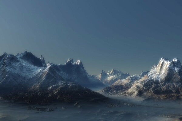 Snow-capped mountains in the fog