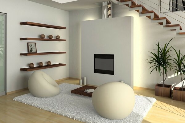 Bright interior with shelves, stairs, electric fireplace and armchairs