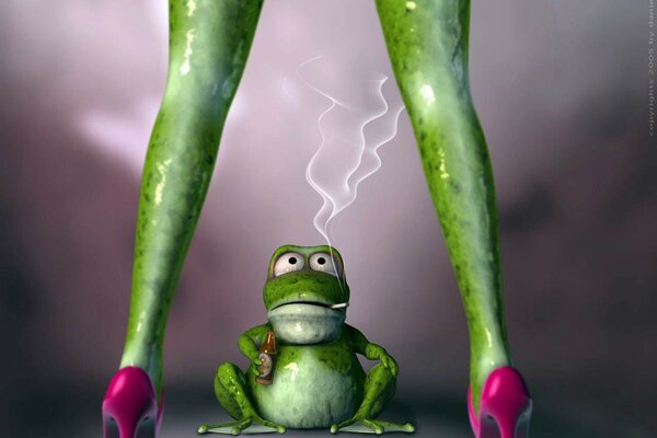 Frog smokes sitting on the floor