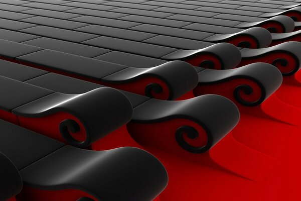 Una piastrella nera sotto forma di onde copre uno sfondo rosso