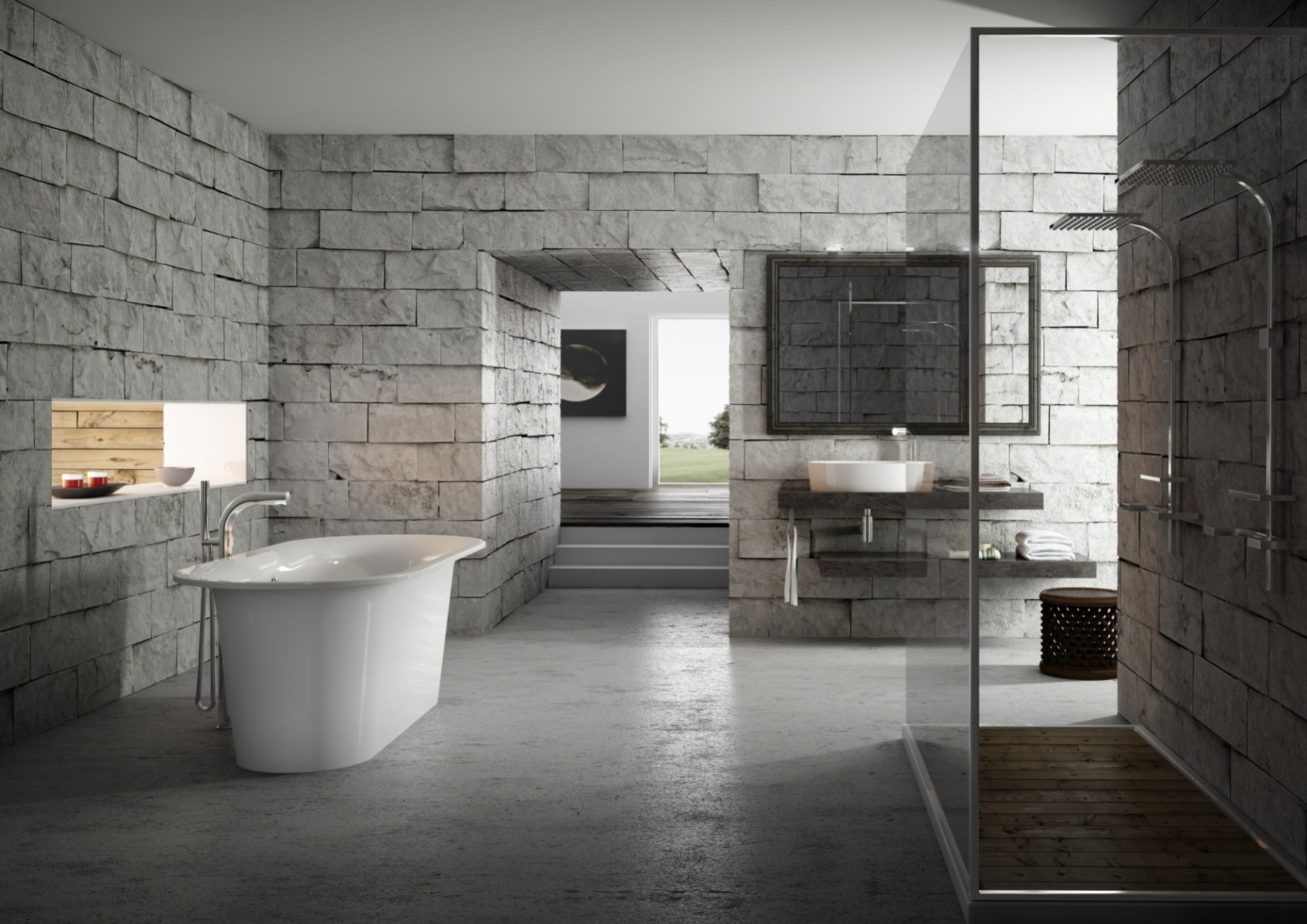 grau ziegel badezimmer design badewanne salon