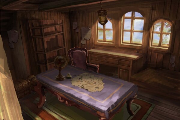 Captain s cabin. The globe is on the table