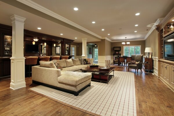 Interior of a living room with a corner sofa