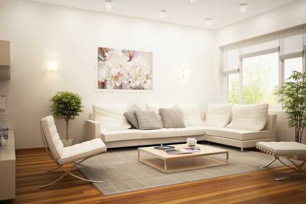 White sofa in a stylish living room interior