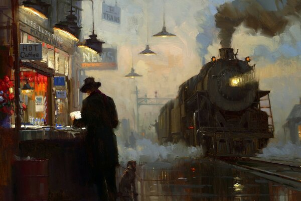 Pintura al óleo - estación con locomotora de vapor