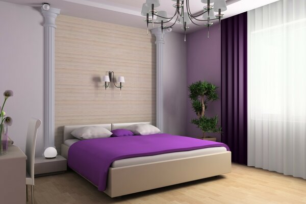 Chambre à coucher avec un design calme avec des accents violets