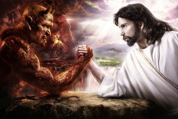 Armdrücken von Jesus und dem Teufel als Kampf zwischen Gut und Böse