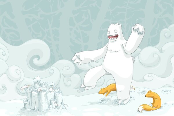 Monstruo blanco jugando en la nieve