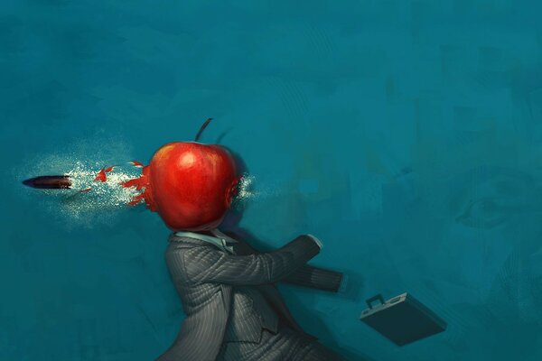 A strange drawing of an apple and a bullet